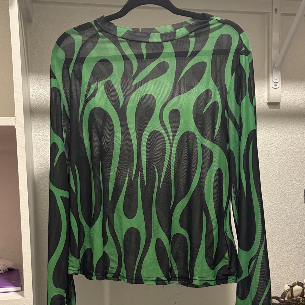 Amazon Green and Black Patterned Mesh Blouse